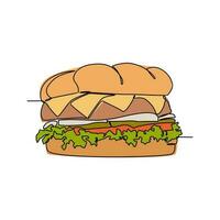 uno continuo línea dibujo de un hamburguesa. comida ilustración en sencillo lineal estilo. comida diseño concepto vector ilustración