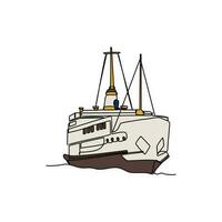 uno continuo línea dibujo de vehículo entra a el barco. mar vehículo en sencillo lineal estilo. transporte diseño concepto vector ilustración