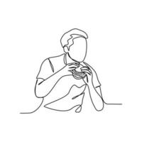 One continuous line drawing of a people eating a Burger. Food illustration in simple linear style. Food design concept vector illustration