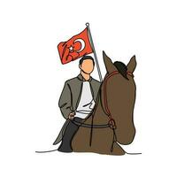 One continuous line drawing of a man holding a Turkish flag while riding a horse. Turkey patriotic in simple linear style. Turkey patriotic design concept vector illustration