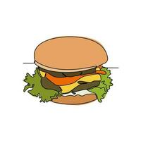 uno continuo línea dibujo de un hamburguesa. comida ilustración en sencillo lineal estilo. comida diseño concepto vector ilustración