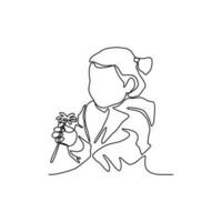 a children is holding a beautiful flower on a white background in continuous line art drawing style. design with Minimalist black linear design isolated on white background. Plant Vector illustration