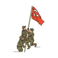 uno continuo línea dibujo de un soldado participación un turco bandera. Turquía patriótico en sencillo lineal estilo. Turquía patriótico diseño concepto vector ilustración