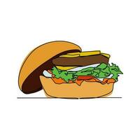 uno continuo línea dibujo de un hamburguesa. comida ilustración en sencillo lineal estilo. comida diseño concepto vector ilustración