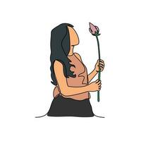 un mujer es participación un hermosa flor en un blanco antecedentes en continuo línea Arte dibujo estilo. diseño con minimalista negro lineal diseño aislado en blanco antecedentes. planta vector ilustración