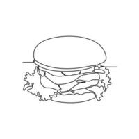 One continuous line drawing of a Burger. Food illustration in simple linear style. Food design concept vector illustration