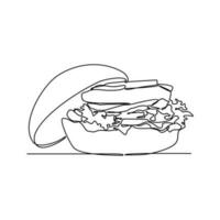 One continuous line drawing of a Burger. Food illustration in simple linear style. Food design concept vector illustration