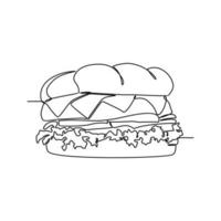 uno continuo línea dibujo de un hamburguesa. comida ilustración en sencillo lineal estilo. comida diseño concepto vector ilustración