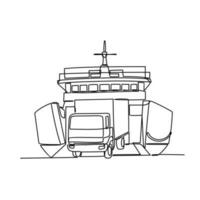 uno continuo línea dibujo de vehículo entra a el barco. mar vehículo en sencillo lineal estilo. transporte diseño concepto vector ilustración