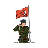 uno continuo línea dibujo de un soldado participación un turco bandera. Turquía patriótico en sencillo lineal estilo. Turquía patriótico diseño concepto vector ilustración