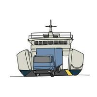 One continuous line drawing of vehicle enters to the ship. Sea vehicle in simple linear style. Transportation design concept vector illustration