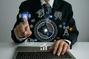 Businessman point to connect to information and sell or buy from around the world to Analysis of sales data, AI, 5G, brainstorm Business strategy, digital market. finance, marketing, e-commerce photo