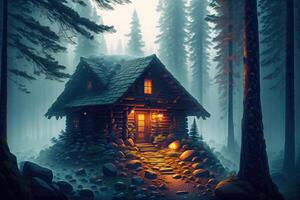 a cabin in the woods with a light on at the end of the night in the foggy forest by photo