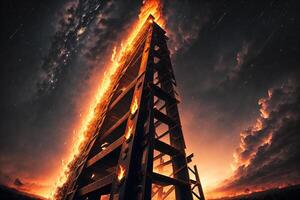 Giant ladder entering the black sky and light catching fire by photo