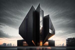 a futuristic building with black facade and sharp edges by photo