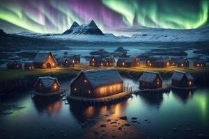 vikingo casas en un vikingo paisaje por agua con del Norte luces en el oscuro por ai generado foto