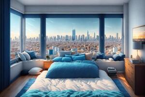 a bedroom with a window with a city view in the background by photo