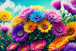 Bouquet of colorful bright spring flowers by photo