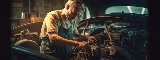 Auto Mechanic Working on Car Broken Engine in Garage or Repair Service, Authentic Close-up Shot. Created by Generative AI Technology. photo