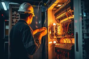 Electrician Engineer Checking Electric Current Voltage at Circuit Breaker and Cable Wiring System, Concept of Electrical Maintenance Service. . photo