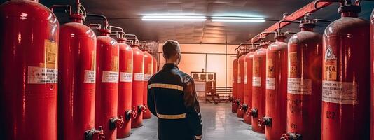 fotogénico imagen de ingeniero hombre comprobación y inspeccionando fuego extintor en poder planta, generativo ai tecnología. foto