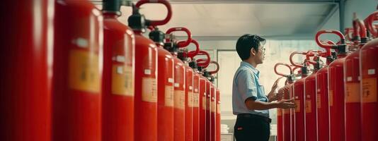 Photogenic Image of Engineer Man Checking and Inspecting Fire Extinguisher in Power Plant, Technology. photo