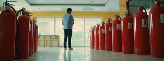 Photogenic Image, Rear Male Engineer or Worker Standing in Power Plant of Large Fire Extinguisher. Technology. photo