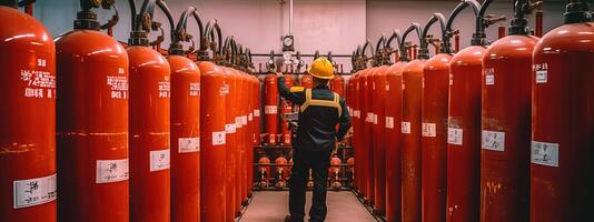 fotogénico imagen de ingeniero hombre comprobación y inspeccionando fuego extintor en poder planta, generativo ai tecnología. foto