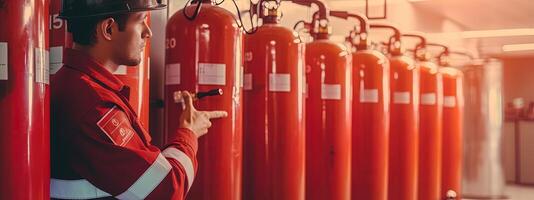 fotogénico imagen de ingeniero hombre comprobación y inspeccionando fuego extintor en poder planta, generativo ai tecnología. foto