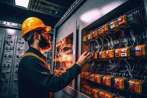 Electrician Engineer Checking Electric Current Voltage at Circuit Breaker and Cable Wiring System, Concept of Electrical Maintenance Service. . photo