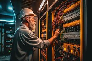 Electrician Engineer Checking Electric Current Voltage at Circuit Breaker and Cable Wiring System, Concept of Electrical Maintenance Service. . photo