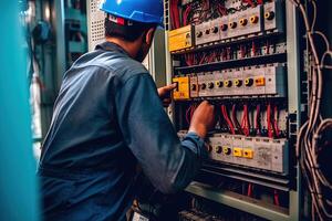 Electrician Engineer Checking Electric Current Voltage at Circuit Breaker and Cable Wiring System, Concept of Electrical Maintenance Service. . photo