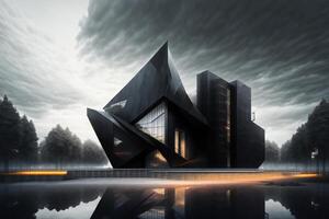 a futuristic building with black facade and sharp edges by photo