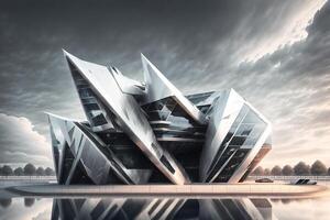 a futuristic building with black facade and sharp edges by photo