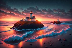 Beautiful lighthouse adorned nighttime seascape with a gloomy sky at sunset by photo