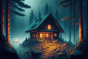 a cabin in the woods with a light on at the end of the night in the foggy forest by photo