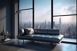 Interior of Living Room with a Couch Near Table and Large Window Overlooking Skyline City View. Created by Technology. photo