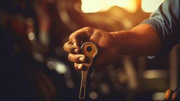 Closeup Shot of Mechanic Hand Holding Tool in Garage or Repair Service. Technology. photo