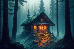 a cabin in the woods with a light on at the end of the night in the foggy forest by photo