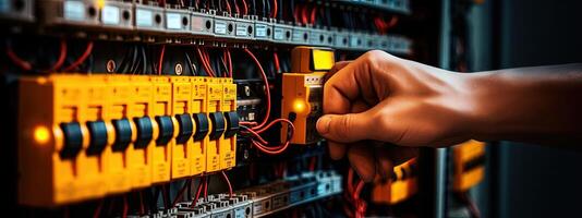 Close-up Hand of An Electrical Engineer Checking in Control Panel or Automation Box, Concept of Electricity Maintenance Service. Created By Technology. photo