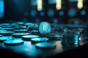 Background of Currency Coins Piles, Use as Financial of Technology Business Concept, Dark Blue Toned. . photo