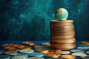 Global world Economy Concept with Earth Globe on Different Currency Coins at Shiny Teal Background. . photo
