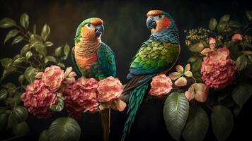 Colorful pair of parrots sitting on branch between leafs Tropical rainforest , flowers in the background, 3D rendering incredibly detailed. photo