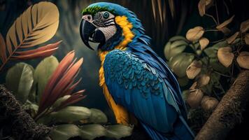 Colorful pair of parrots sitting on branch between leafs Tropical rainforest , flowers in the background, 3D rendering incredibly detailed. photo