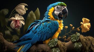 Colorful pair of parrots sitting on branch between leafs Tropical rainforest , flowers in the background, 3D rendering incredibly detailed. photo