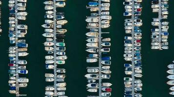 Aerial view of the marina filled with yachts and boats, Tenerife, Canaries, Spain. Time lapse video