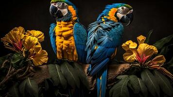 Colorful pair of parrots sitting on branch between leafs Tropical rainforest , flowers in the background, 3D rendering incredibly detailed. photo
