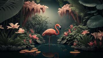 Flamingo beautifully captured in a colorful, floral-filled portrait, . photo