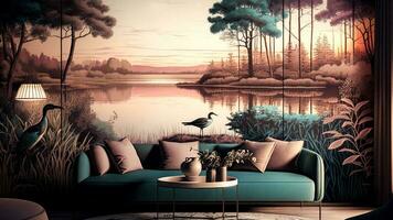 Modern Interior Living Room with Pastle Blue Sofa,  Wallpaper or Background. Watercolor Style Wallpaper Landscape Tropical Jungle with Trees. AI-Generative, Digital Illustration. photo