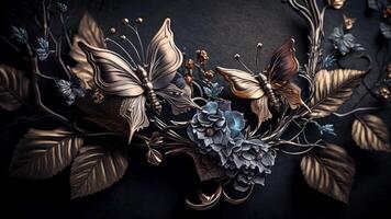 Top View 3D Wallpaper Jewelry Flowers with Silver Branches with Butterflies Incredibly Detailed. AI-Generated, Digital Illustration. photo